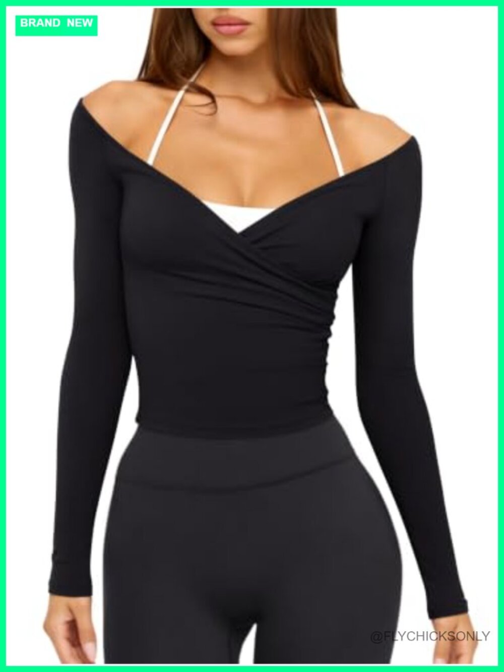 Womens V Neck Long Sleeve Workout Crop Top Cross Wrap Off Shoulder Tee